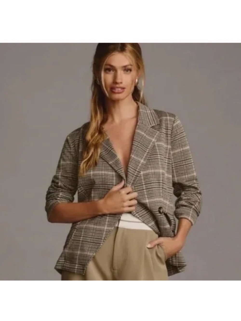 Maeve by Anthropologie Collegiate Knit Blazer brown plaid Double Breasted Sz M